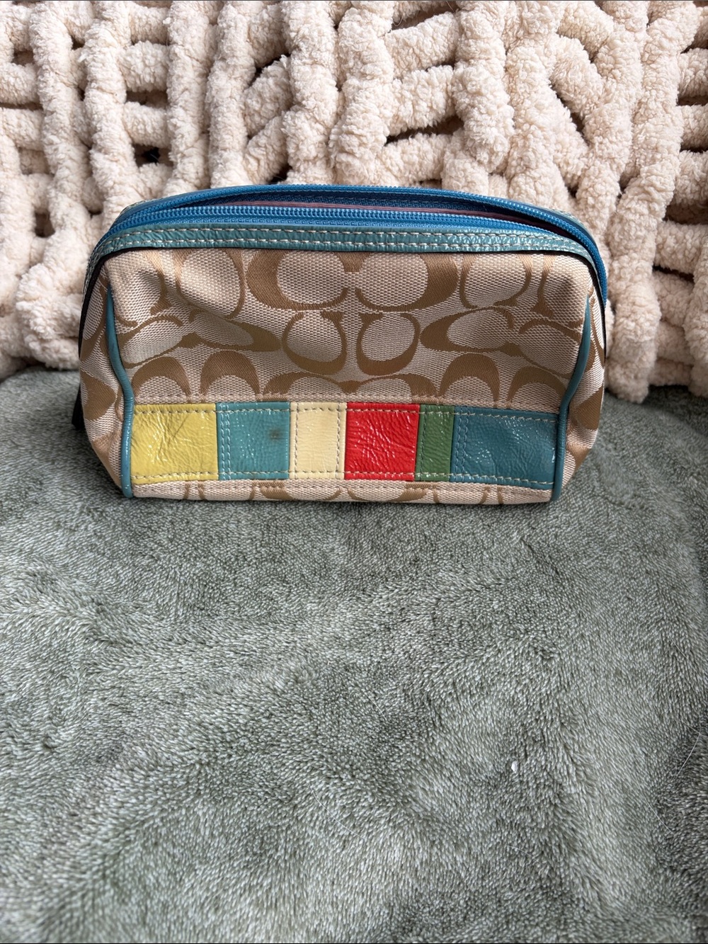 Coach Tan Signature Canvas Toiletry Pouch with Multicolor Leather Accents